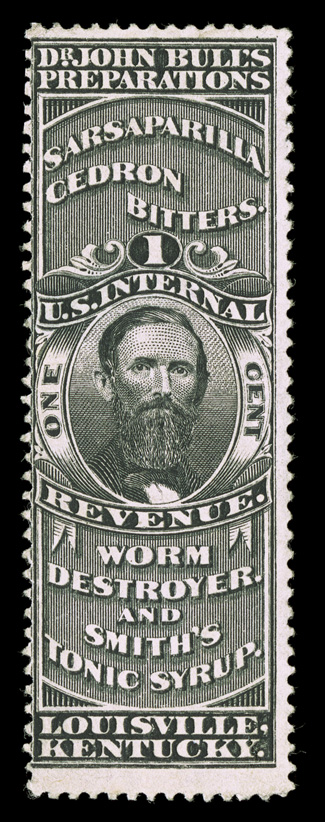 RS42c, Dr. John Bull, 1c Black, pink paper, intense color on strongly colored paper, thinned spot, fine appearance and rare only 28 examples recorded in the Aldrich
census.