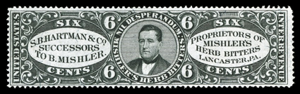 RS100b, (Dr.) S.B. Hartman & Co., 6c Black, silk paper, a select sound example of this scarce stamp, nicely centered for this, rich color on immaculate paper, very fine only 57
examples recorded in the Aldrich census, 32 of which are free o