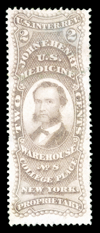 RS112a, John F. Henry, 2c Violet, attractive single with stronger color than normal, thinned spots, one causing a nibbed perf. at left, fine appearance and rare only 34
examples recorded in the Aldrich census.