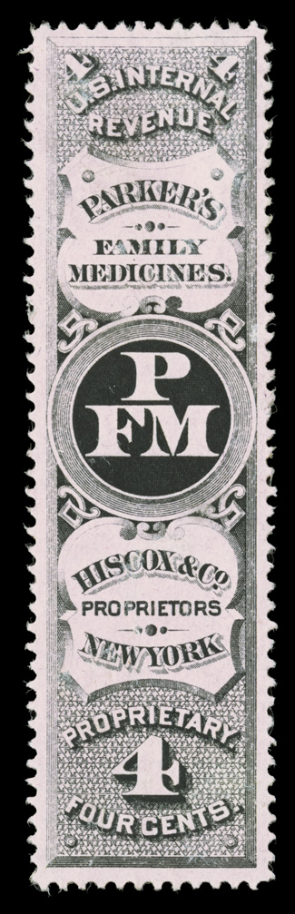 RS123c, Hiscox & Co., 4c Black, pink paper, handsome example of this very scarce stamp, beautifully centered, intense color on strongly colored paper, small thinned spot at
top, extremely fine appearance only 38 examples recorded in the Ald