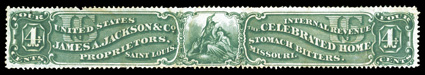 RS143a, James A. Jackson & Co., 4c Green, well centered for this very rare stamp, rich verdant color, usual small faults (most copies are faulty), fine appearance a mere 20
examples are recorded in the Aldrich census.
