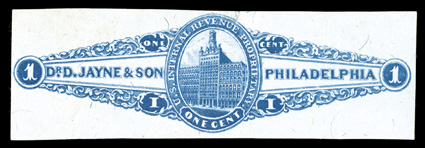 RS144b, Dr. D. Jayne & Son, 1c Blue imperforate, silk paper, an eye-appealing example of this very rare stamp, generous even margins all around, rich color on wonderfully fresh
paper, sealed tear at top center just into design, very fine appeara