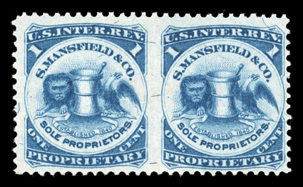 RS174ib, S. Mansfield & Co., 1c Blue imperforate between, silk paper, horizontal pair, rich color on fresh paper, filled thin spot, fine appearance.