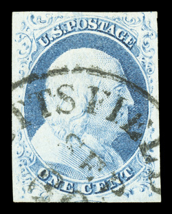 7 var., 1c Blue, Ty. II, plate One Late, position 4R1L, being the only position on the plate that was not recut, full margins, bright color, neat c.d.s. cancel, trivial corner
crease, otherwise a very fine example of this key position 1988 PF c