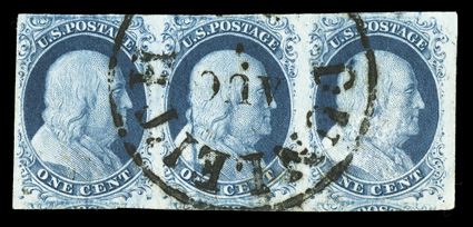 7 var., 1c Blue, Ty. II, the so-called Big Crack variety, horizontal strip of three, positions 22-24L2, with the middle stamp showing the prominent Big Crack at left, full to
mostly large margins all around, fresh color and paper, neat t