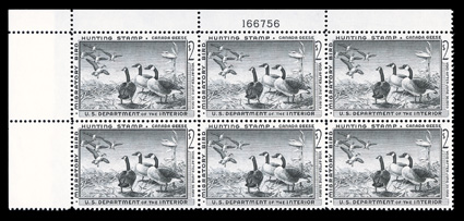 RW25, 1958 $2.00 Black, top left margin plate no. 166756 block of six, well centered, quite fresh, o.g., n.h., very fine.