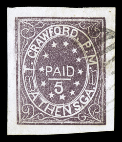 5X1, Athens, Ga. 5c Purple, used, four exceedingly large margins, fresh color and a crisp impression, light grid cancel, oil from cancel causes a faint translucent stain,
otherwise extremely fine and choice clear 1982 PF certificate.