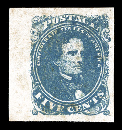 4, 5c Blue, a highly desirable mint single, sporting huge margins all around including an impressive left sheet margin, strong color and impression, original gum, extremely
fine 2000 PSE certificate.