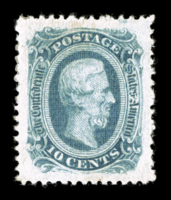 12f, 10c Blue, officially perforated 12½, gem mint single of this elusive variety, perfectly centered within incredibly large margins all around, strong fresh color, o.g.,
extremely fine 2003 PSE and 2008 PF certificates.