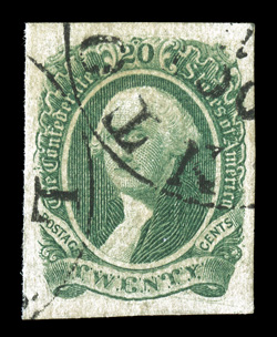 13, 20c Green, scarce used single, four large margins, strong color, neat c.d.s. town cancels, extremely fine 2004 PF certificate.