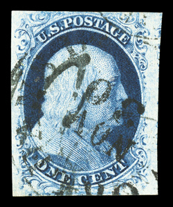 7 var., 1c Blue, Ty. II, Plate 3, an exquisite used example from the elusive Plate 3, in a quality seldom encountered, with four large to very large margins, strikingly intense
color which is characteristic to Plate 3 stamps, town c.d.s. cancel,