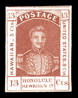 6, 13c Dark red, handsome unused single, large to huge margins all around, including the frame line from the adjacent stamp at top, luxuriant color and prooflike impression on
fresh white paper, extremely fine.