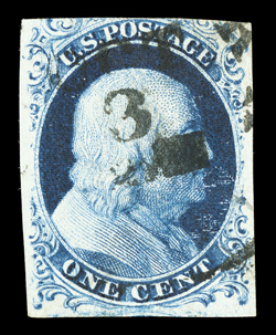 7 var., 1c Blue, Ty. II, Plate 3, position 70R3, deep intense color and impression, three large margins, just touching at top, c.d.s. cancel, very fine 1993 PF
certificate.