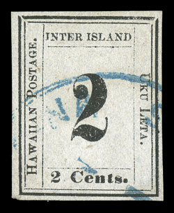 16, 2c Black on grayish, Plate 3-F, Type VII, Position 7, used with blue Lahaina town cancel, skillfully repaired bottom right corner with a small portion of the frame line
painted in, very fine appearance 2005 PF certificate.
