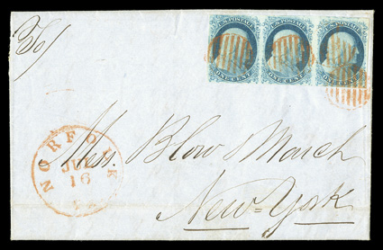 7, 1c Blue, Ty. II, horizontal strip of three, positions 24-26R1E, ample to large margins all around, brilliantly rich color and an excellent early impression, tied by red grids
with matching Norfolk VaJul 16 c.d.s. on 1851 folded letter to N