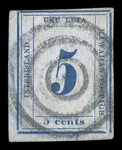 22, 5c Blue on blue, Plate 12-A, Type VI, Position 2, used with target cancellation, huge margins to well clear at top left, small corner crease at top left, fine appearance
2005 PF certificate.