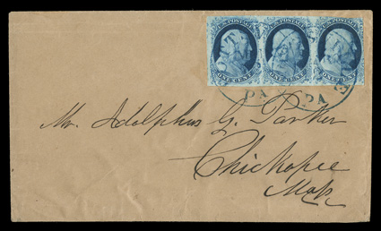 7, 1c Dark blue, Ty. II, horizontal strip of three, positions 97-99L1E, with incredibly intense color in the scarce Dark blue shade of Plate One Early, left two stamps with huge
margins, right stamp just cut in, tied by light blue Pottsville