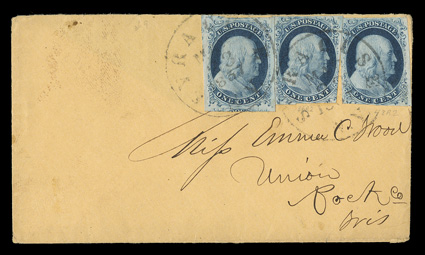 7, 1c Blue, Ty. II, three singles, positions 62R2 (gem four margin single), 48R2 (major double transfer and cracked plate) and 86R2, latter two cut in on one side, tied by
Syracuse, N.Y. c.d.s. on 1857 small cover, backflap missing, very fine an