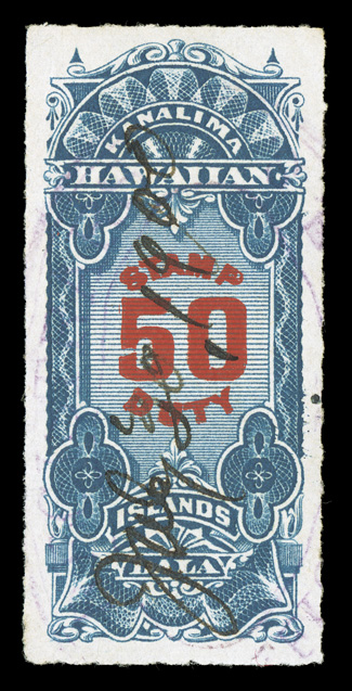 R6, $50.00 Slate blue and carmine, rouletted, select used example of this difficult high value, incredibly well centered amid balanced margins, vivid rich colors, neat ms. and
light violet handstamped cancellations, extremely fine.