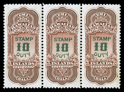 R16, $10.00 Reddish brown and green, horizontal strip of three, remarkably well centered and margined, strong rich colors, o.g., never hinged, right stamp with a couple tiny
toned specks, extremely fine 2008 PF certificate.
