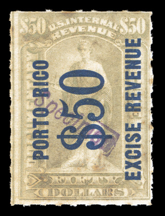 R1-9S, 1c-$50.00 Revenue surcharges with violet Specimen ovpts. cplt., remarkably fresh, o.g., n.h., 1c and 50c with a small thinned spot, otherwise fine-very
fine.