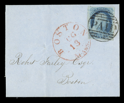 7, 1c Blue, Ty. II, position 17L1E, single with three very large margins and an ample fourth margin at top, tiny scissors cut in bottom right margin, beautiful rich shade and a
detailed impression, tied by superb strike of large PAID grid in b