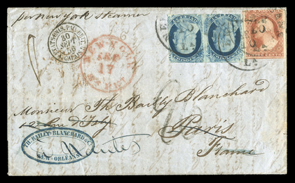 7 var., 1c Blue, Ty. II, the so-called Big Crack variety, horizontal pair, positions 23-24L2, with the left stamp showing part of the big crack, along with 3c 1851 stamp in a
particularly bright shade (Yellowish rose red according to Amonette)