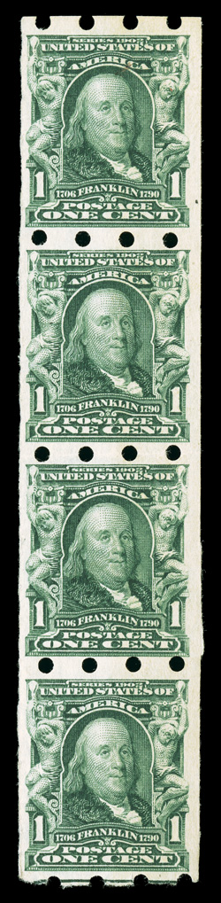 314, 1c Blue green imperforate, Brinkerhoff Ty. I perforations, especially fresh strip of four showing a guide line at bottom, attractively centered, folded between top and
bottom pairs, o.g., n.h., very fine.