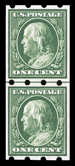 343, 1c Green imperforate, Brinkerhoff Ty. I perforations, select guide line pair, o.g., l.h., fresh and extremely fine ex-Agris.
