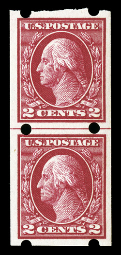 408-09, 1c Green and 2c Carmine, Ty. I, imperforates, Brinkerhoff Ty. II perforations, select set of guide line pairs, both well centered and with generous even margins, o.g.,
l.h., fresh and extremely fine ex-Wampler.