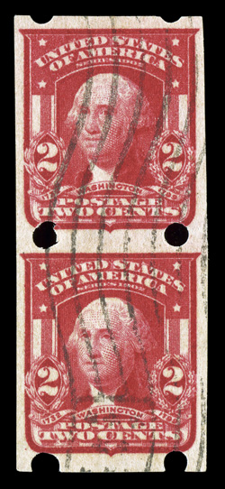 320, 2c Carmine imperforate, Brinkerhoff Ty. II perforations, a highly elusive used pair, rich color on fresh paper, wavy line machine cancel, very fine and
rare.