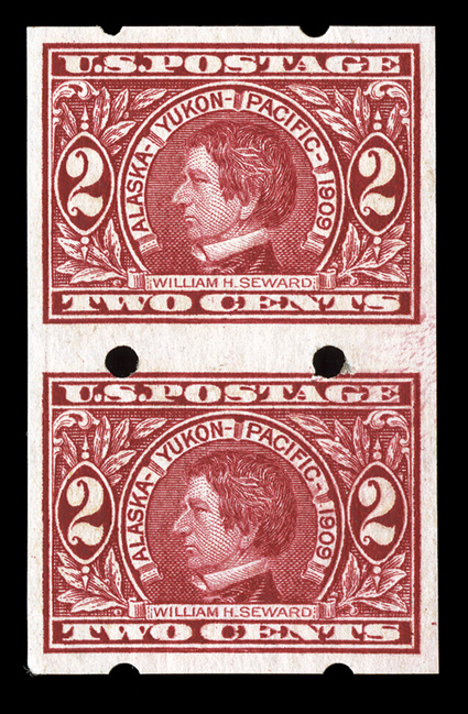 371, 2c Alaska-Yukon imperforate, Brinkerhoff Ty. II perforations, an exceedingly scarce pair coiled endwise, intense color, o.g., fine-very fine.