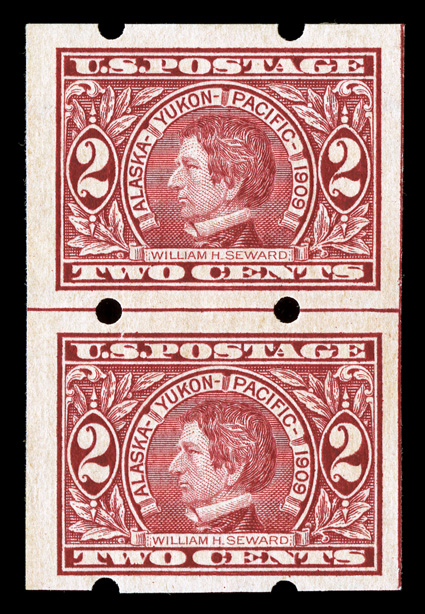 371, 2c Alaska-Yukon imperforate, Brinkerhoff Ty. II perforations, an extremely rare guide line pair coiled endwise, marvelously well centered, large margins showing a vertical
guide line at right, o.g., l.h., extremely fine among the fines