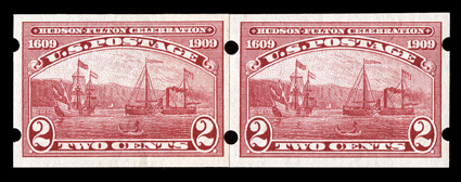 373, 2c Hudson-Fulton imperforate, Brinkerhoff Ty. II perforations, choice paste-up pair, showing part imprint on the tab, excellent centering and margins, o.g., n.h.,
extremely fine and scarce.