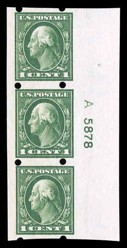 408, 1c Green imperforate, Brinkerhoff Ty. II perforations, handsome right sheet-margin plate no. A 5878 strip of three, large margins, o.g., n.h., extremely fine and
scarce.
