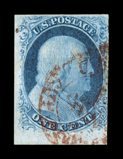 8, 1c Blue, Ty. III, position 99R2, a gorgeous used example of this highly sought-after classic rarity, possessing mostly large to huge margins (just touching at bottom right),
including a sizable portion of a sheet margin at bottom, which allow