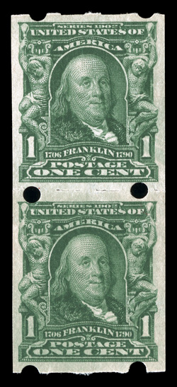 314, 1c Blue green imperforate, Brinkerhoff Ty. IIb perforations, select pair, attractively centered, rich color on fresh paper, strong and intact, o.g., l.h., very fine and
quite elusive.