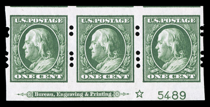 383, 1c Green imperforate, Farwell 2B3 perforations, 3mm spacing, a visually striking bottom margin imprint, star and plate no. 5489 strip of three, with huge top margin
showing bits of the adjacent stamps, beautifully centered, pristine o.g., g