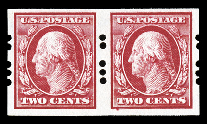 384, 2c Carmine imperforate, Farwell 2A3 perforations, 3mm spacing, another pair showing the scarcer wide spacing, excellent centering, o.g., h.r., choice very
fine.