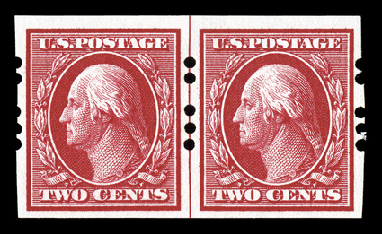384, 2c Carmine imperforate, Farwell 2A3 perforations, 2mm spacing, an impressive guide line pair, being in a quality that is rarely encountered, beautifully centered and post
office fresh, with rich fiery color, immaculate o.g., n.h., choice