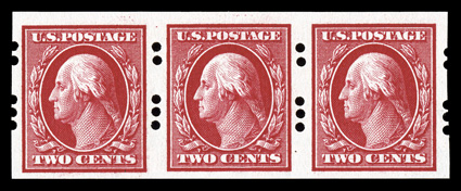 384, 2c Carmine imperforate, Farwell 2B3 perforations, 3mm spacing, handsome strip of three, precisely centered, large to very large margins, o.g., n.h., choice very fine
scarce this nice.