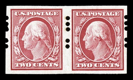 384, 2c Carmine imperforate, Farwell 3A2 perforations, 3mm spacing, pair, well centered and margined, o.g., l.h., fresh and extremely fine.