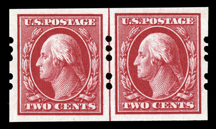 384, 2c Carmine imperforate, Farwell 3A2 perforations, 2mm spacing, a gorgeous guide line pair, near perfect centering, large equal margins all around, intense color, o.g.
which is slightly disturbed on the right stamp, extremely fine.