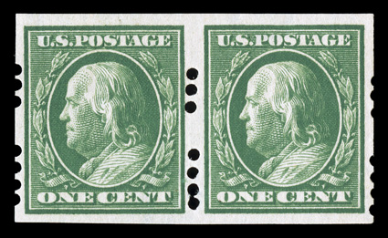 383, 1c Green imperforate, Farwell 3B4 perforations, 2mm spacing, fresh mint pair, well centered and margined, pristine o.g., n.h., very fine.
