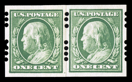 383, 1c Green imperforate, Farwell 3B4 perforations, 2mm spacing, an elusive paste-up pair, with siderographers initials on the tab, beautifully centered and large margins,
o.g., faint trace of hinging, extremely fine and choice 1975 APS certi