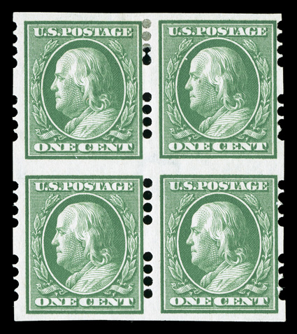 383, 1c Green imperforate, Farwell 4B4 perforations, 3mm spacing, scarce block of four, bright and fresh, o.g., top pair trivial h.r., bottom pair n.h., fine.