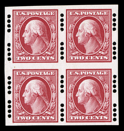 384, 2c Carmine imperforate, Farwell 4B4 perforations, 3mm spacing, eye-catching block of four, near perfect centering, huge margins and separated to include the full
perforations at the sides, o.g., some album page adhesions on gum and bottom r