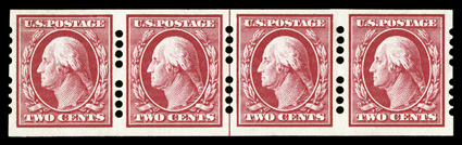 384, 2c Carmine imperforate, Farwell 4A4 perforations, choice line strip of four, incredibly well centered throughout, intense color, o.g., end stamps h.r. and the line pair
l.h., choice very fine and scarce.