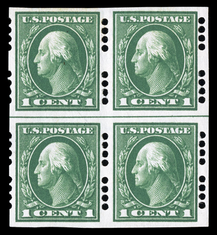 408, 1c Green imperforate, Farwell 4A4 and 4B4 perforations, block of four with horizontal guide line, showing 4B4 perforations at top and 4A4 perforations at bottom, well
centered and margined, intense color, o.g., h.r., choice very fine a sca
