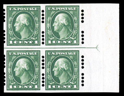 408, 1c Green imperforate, Farwell 4A4 and 4B4 perforations, right margin arrow block of four, the top pair with 4B4 perforations and the bottom pair with 4A4 perforations,
excellent centering, rich color, o.g., trivial h.r., vertical crease in